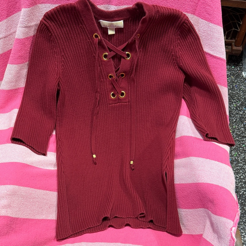 Michael Kors Deep Red Lace-Up V-Neck Sweater